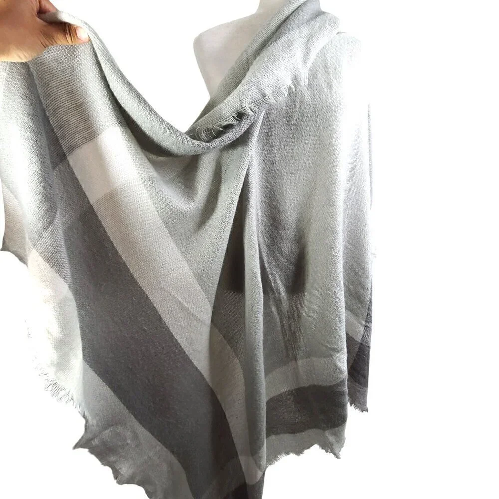 Chunky Gray White Plaid Fringe Colorblock Super Soft Shawl Throw Blanket Scarf